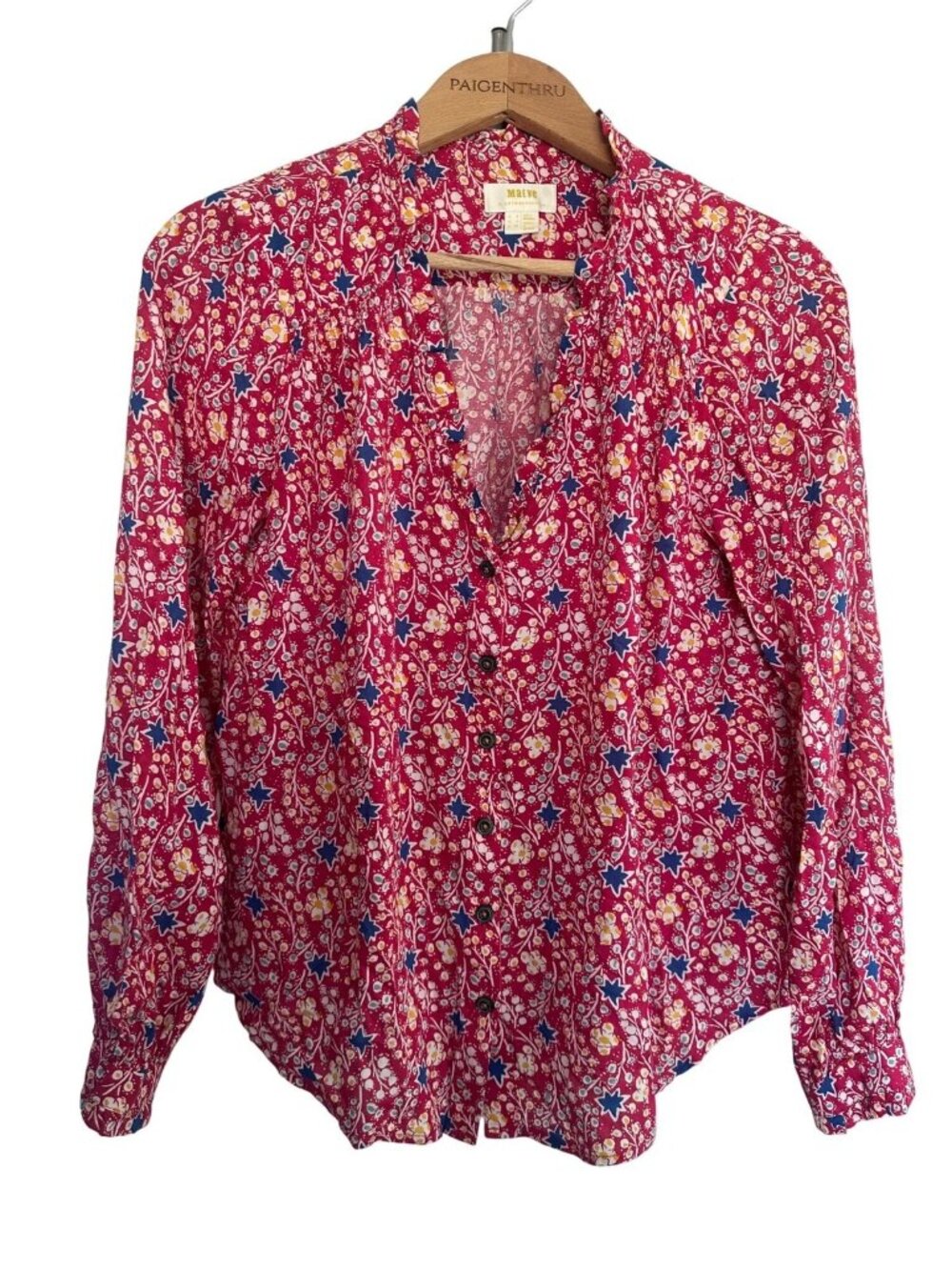 MAEVE ANTHROPOLOGIE SZ 4 Marisol Ruffled Blouse in Red Rouge Motif